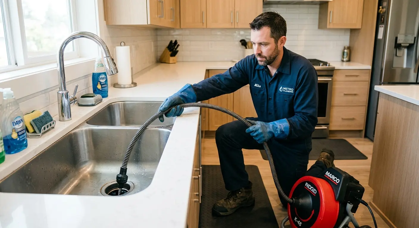 Drain cleaning technician using a motorized snake on a kitchen sink in Solon