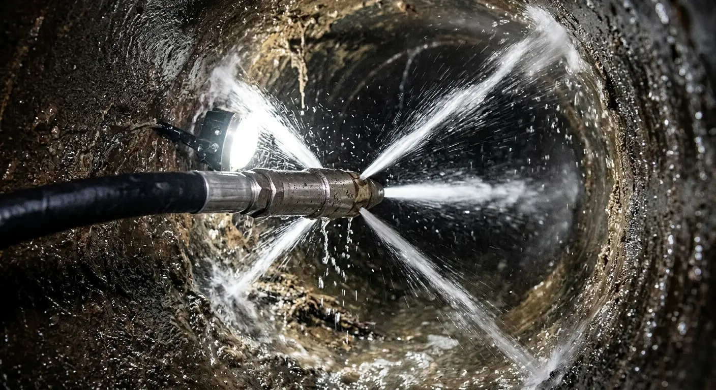 High-pressure hydro jetting nozzle cleaning sewer pipe for Emergency Drain Service in Solon