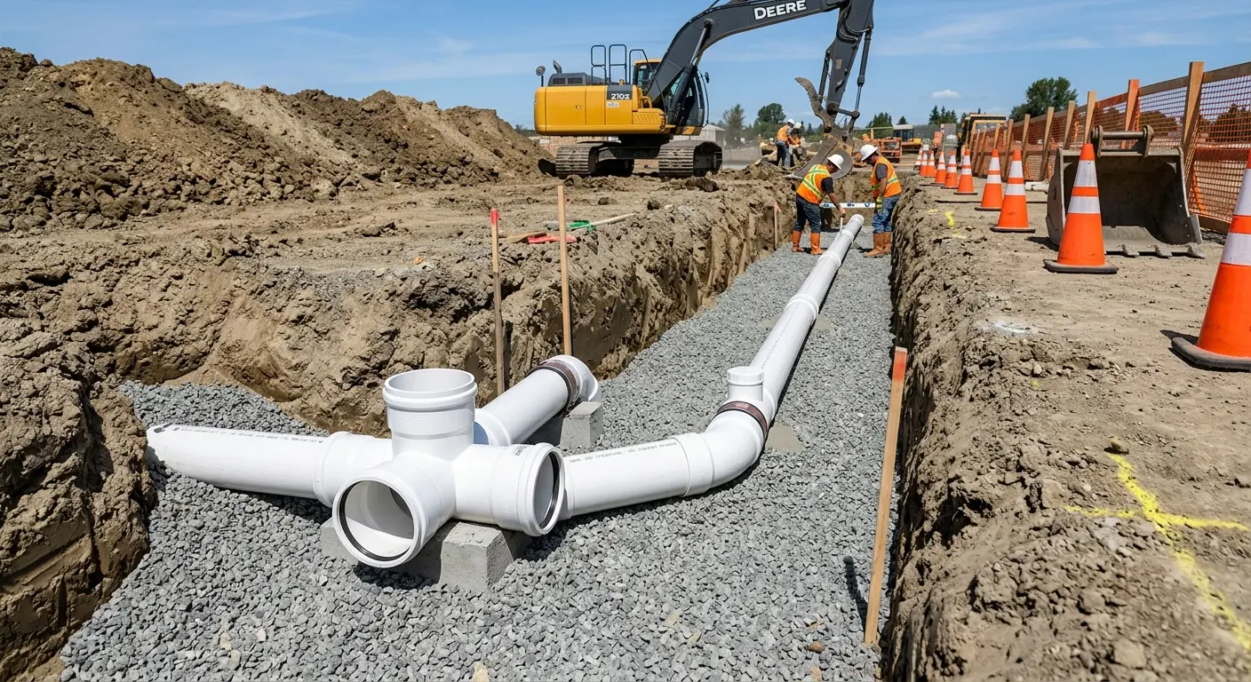 New PVC sewer pipe installation in open trench for Sewer Backup in Solon