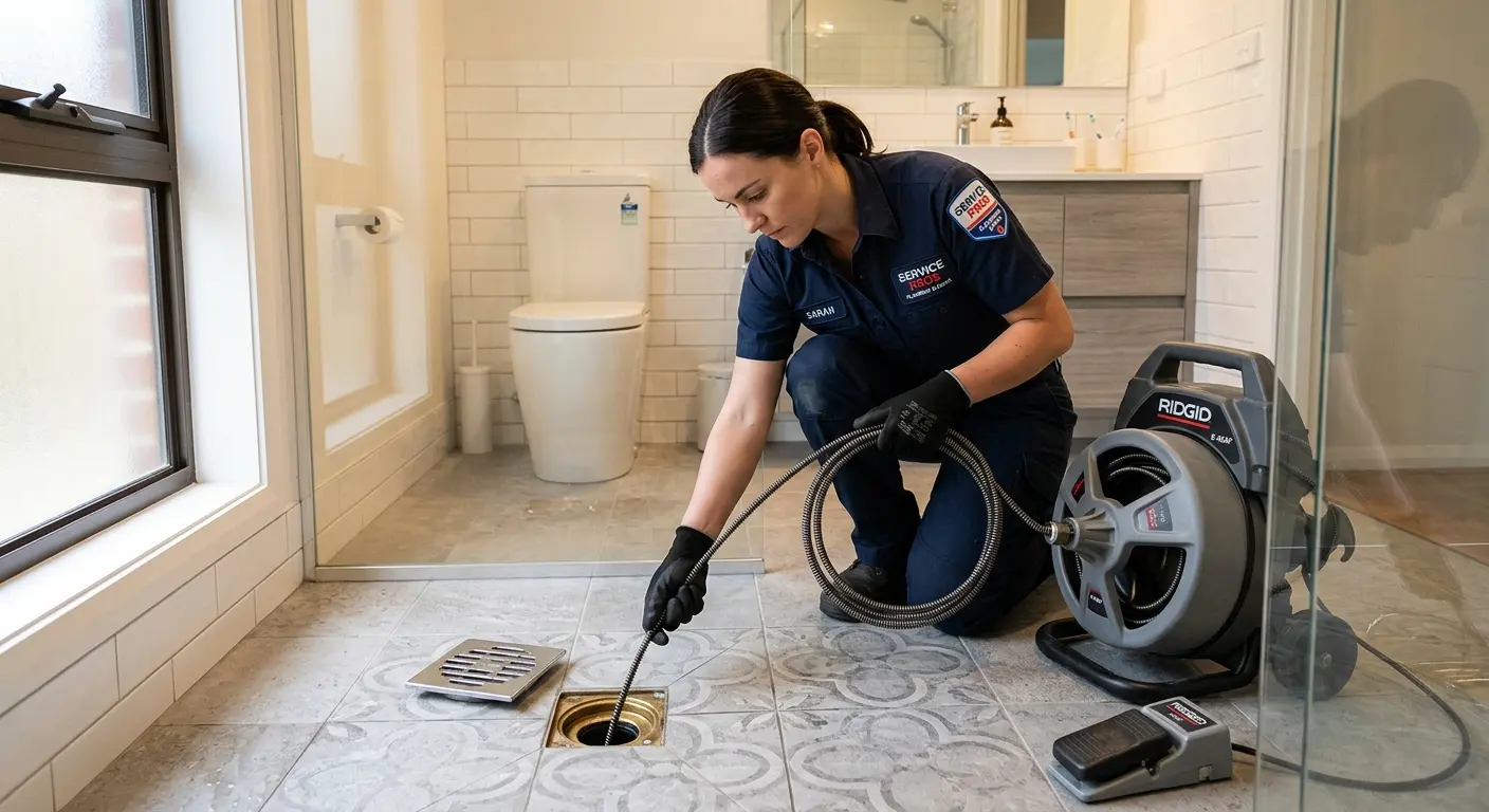Technician clearing a bathroom floor drain for Sewer Line Replacement in Solon